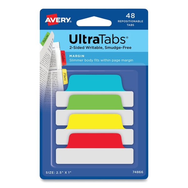 Avery Ultra Tabs Repositionable Tabs, 2.5 x 1, Assorted Primary, PK48 74866